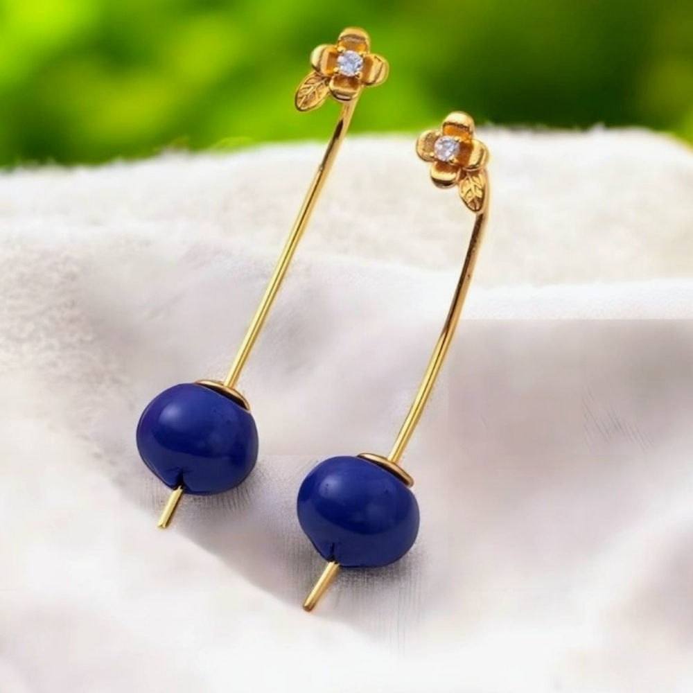 Blueberry Fruit Drop Dangle Earrings With A Gold CZ Flower Stud, Novelty Item NW